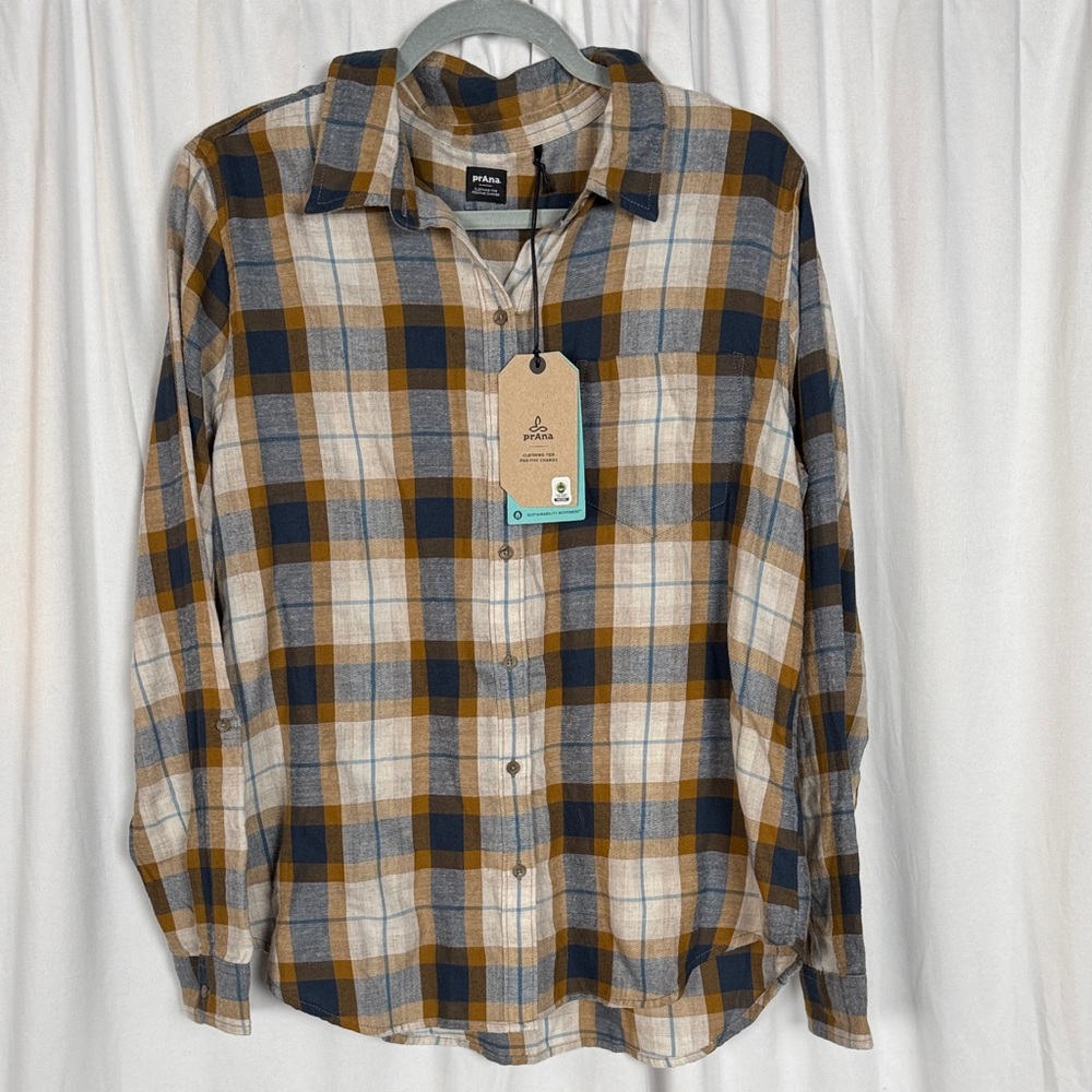 Prana Women's Plaid Alfie Flannel Button Down Shirt - Blue, Tan, White